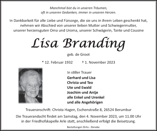 Traueranzeige von Lisa Branding von Ostfriesischer Kurier