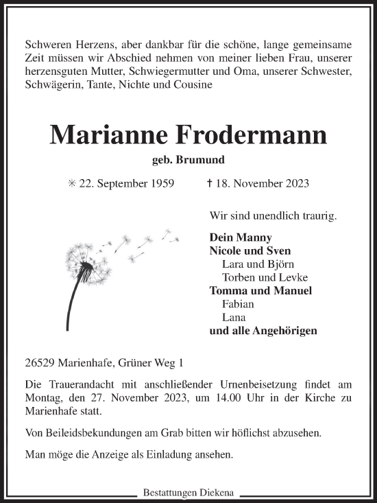 Traueranzeige von Marianne Frodermann von Ostfriesischer Kurier