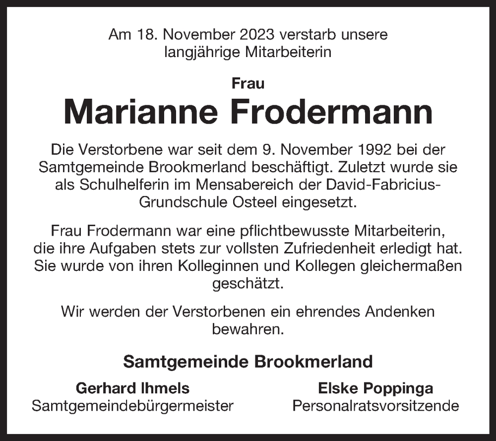  Traueranzeige für Marianne Frodermann vom 25.11.2023 aus Ostfriesischer Kurier