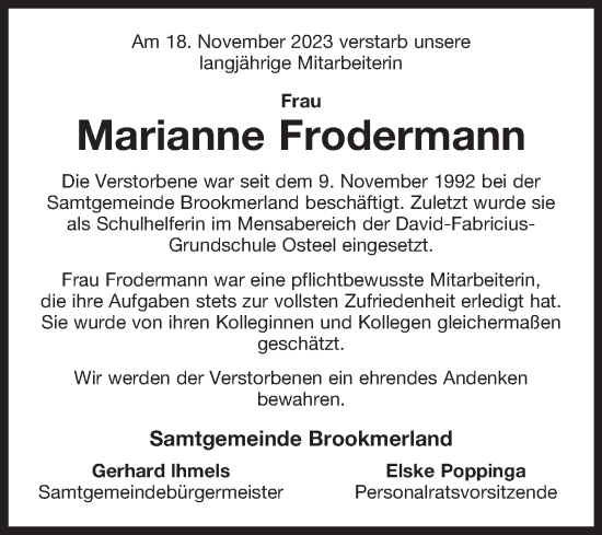 Traueranzeige von Marianne Frodermann von Ostfriesischer Kurier