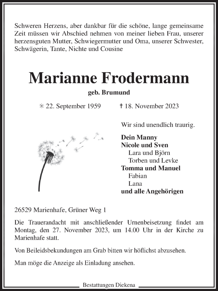  Traueranzeige für Marianne Frodermann vom 21.11.2023 aus Ostfriesischer Kurier