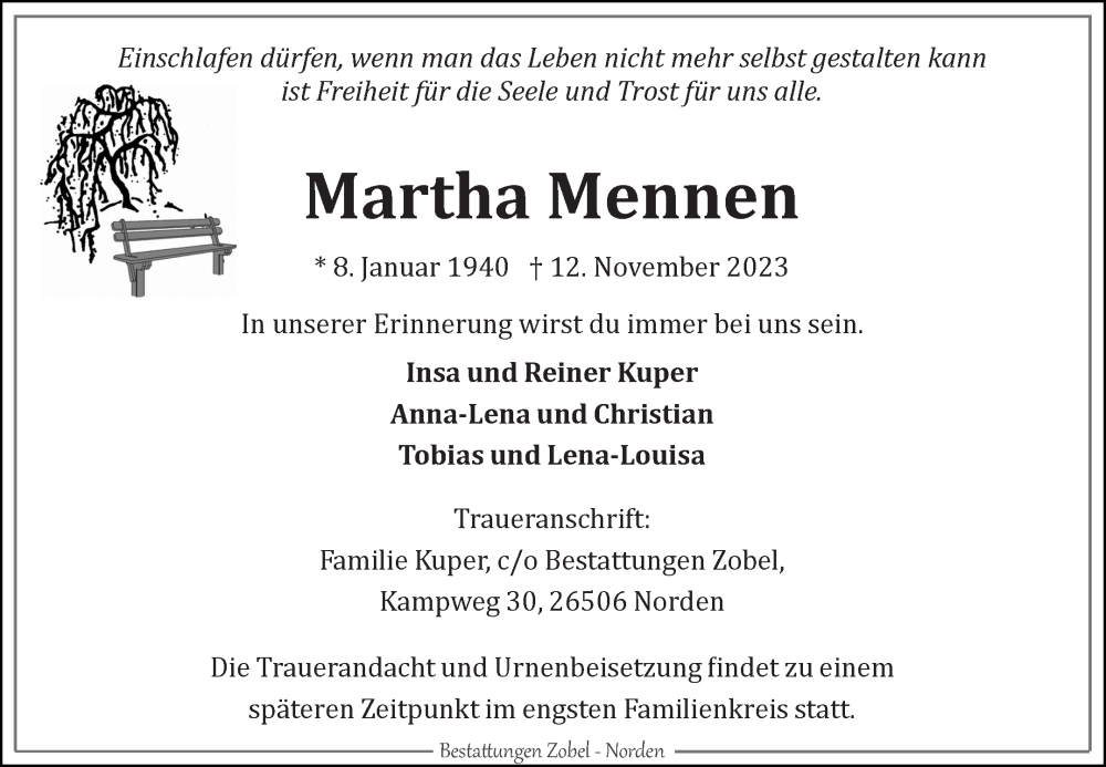  Traueranzeige für Martha Mennen vom 14.11.2023 aus Ostfriesischer Kurier