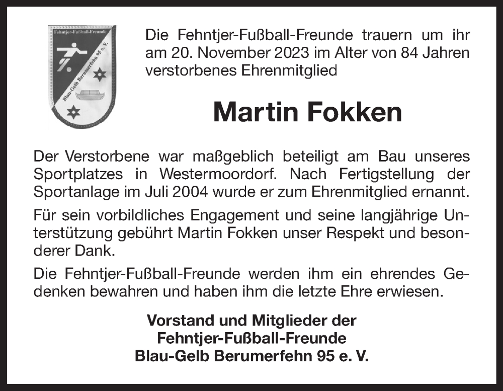  Traueranzeige für Martin Fokken vom 28.11.2023 aus Ostfriesischer Kurier