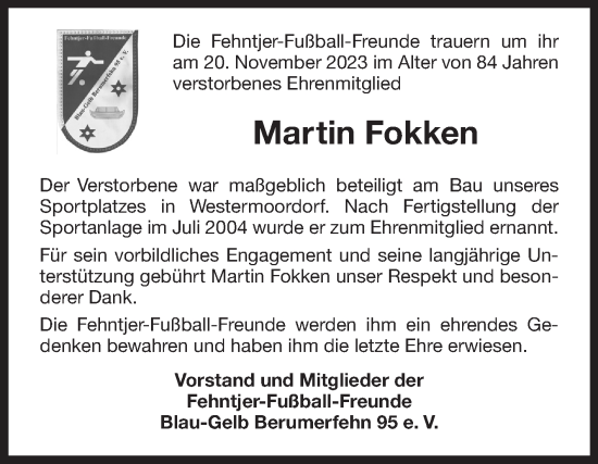 Traueranzeige von Martin Fokken von Ostfriesischer Kurier