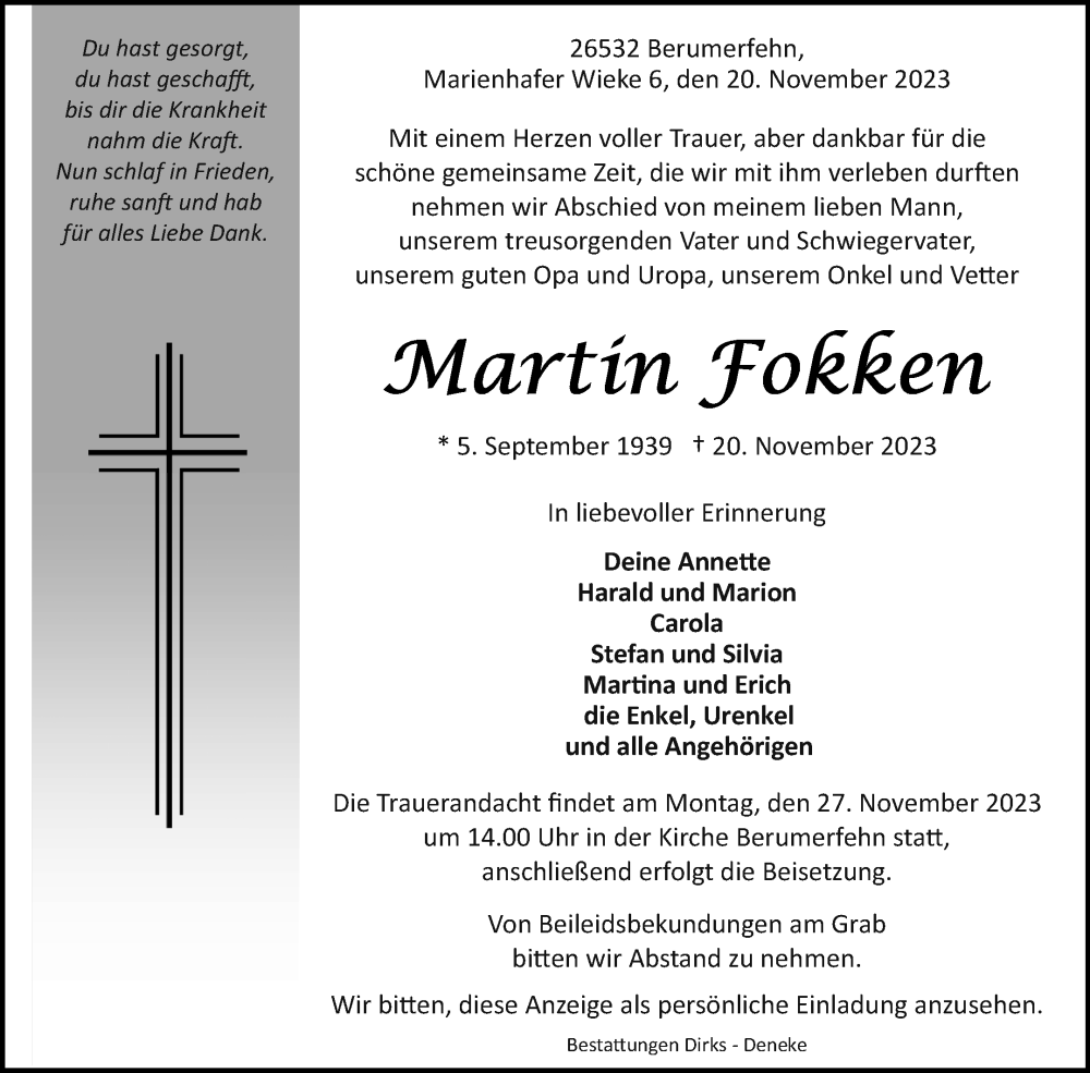  Traueranzeige für Martin Fokken vom 23.11.2023 aus Ostfriesischer Kurier