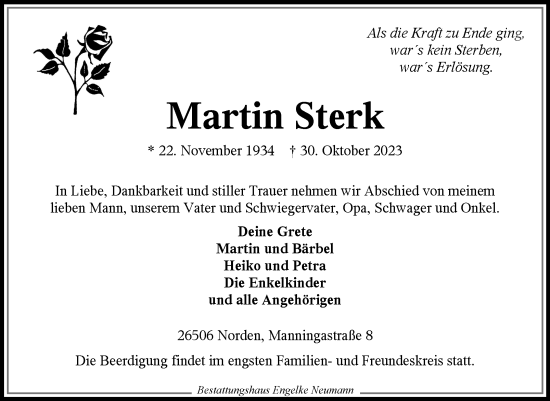 Traueranzeige von Martin Sterk von Ostfriesischer Kurier