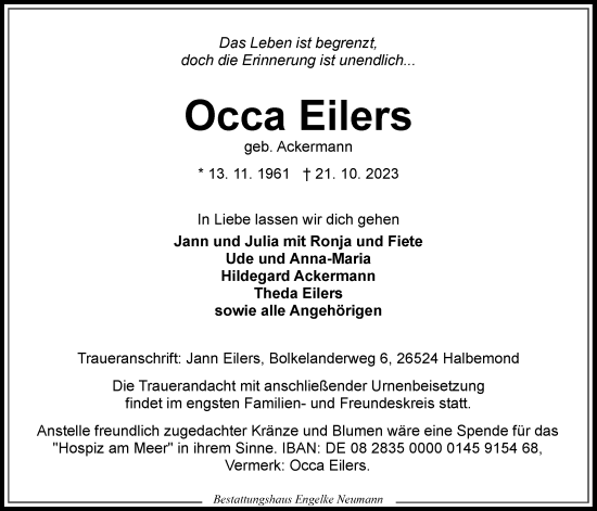 Traueranzeige von Occa Eilers von Ostfriesischer Kurier