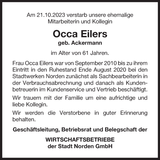 Traueranzeige von Occa Eilers von Ostfriesischer Kurier