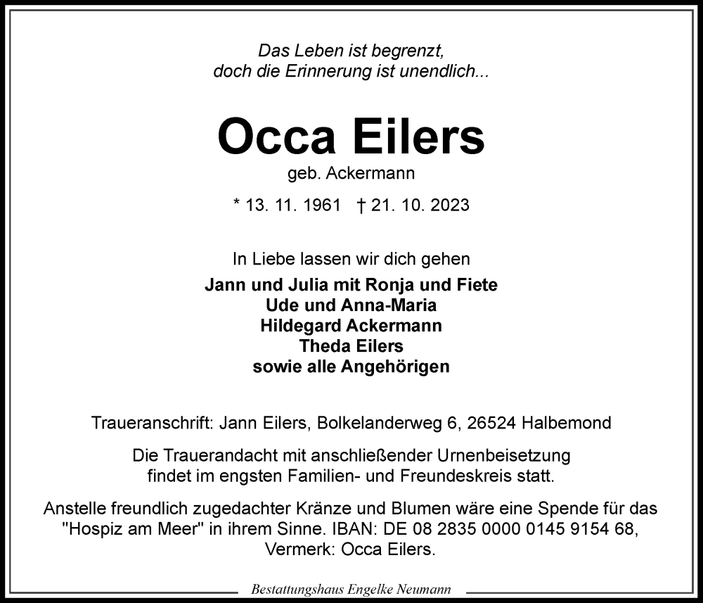  Traueranzeige für Occa Eilers vom 23.10.2023 aus Ostfriesischer Kurier