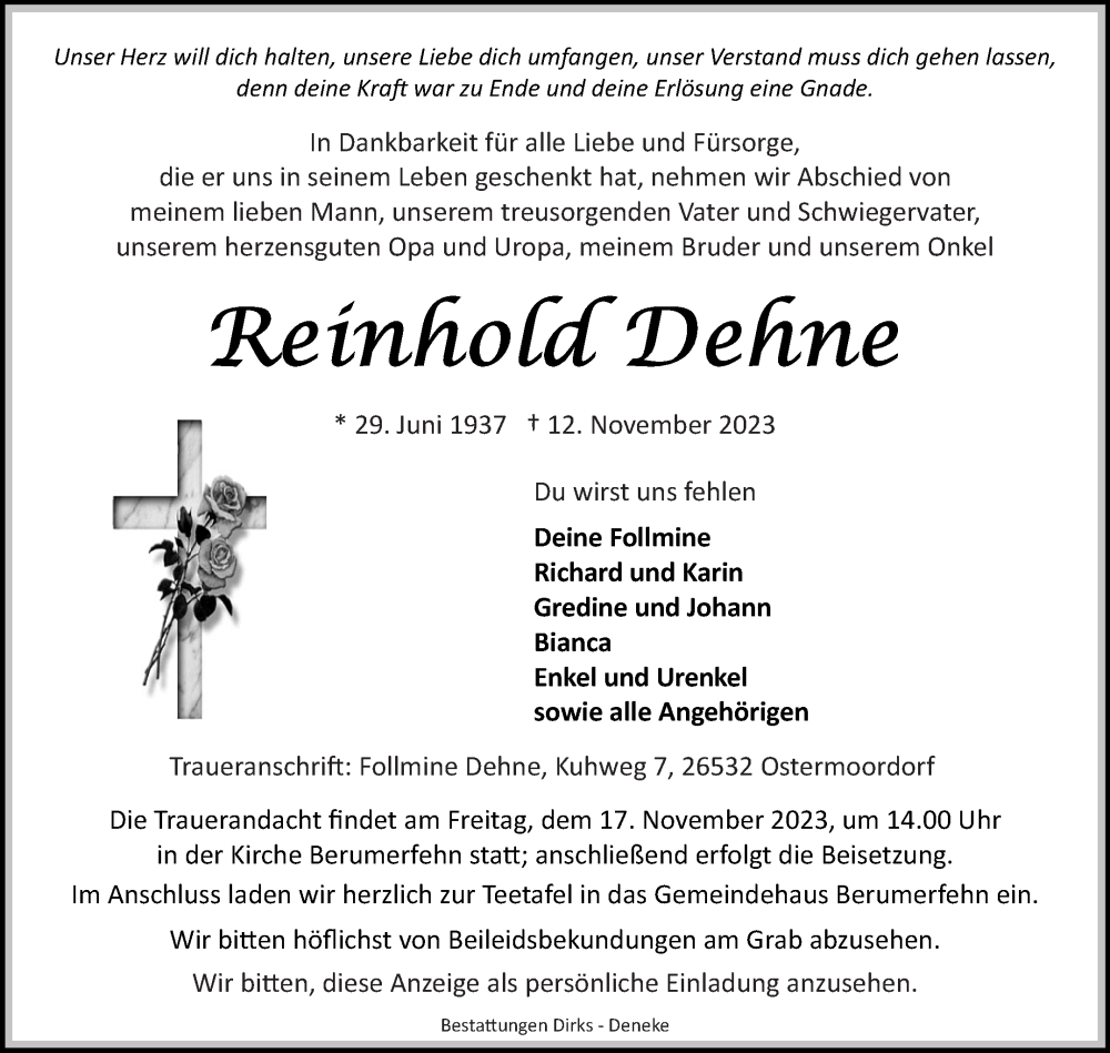  Traueranzeige für Reinhold Dehne vom 15.11.2023 aus Ostfriesischer Kurier