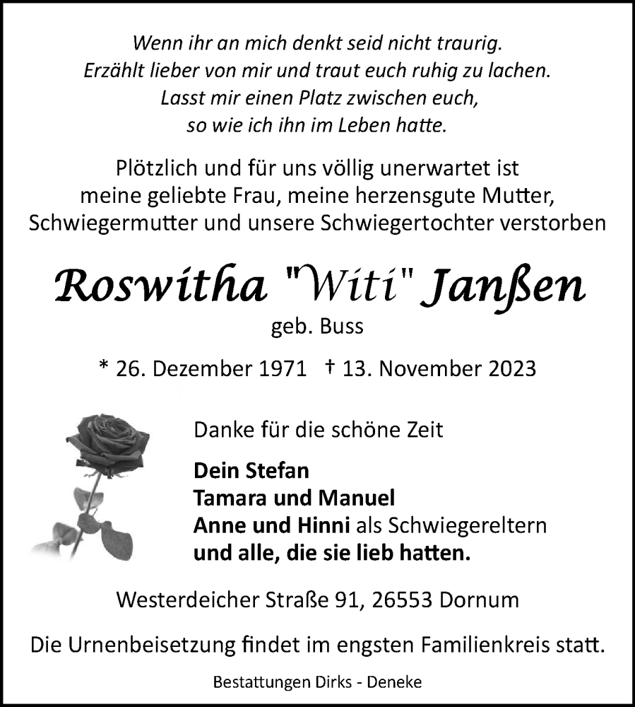  Traueranzeige für Roswitha Janßen vom 18.11.2023 aus Ostfriesischer Kurier