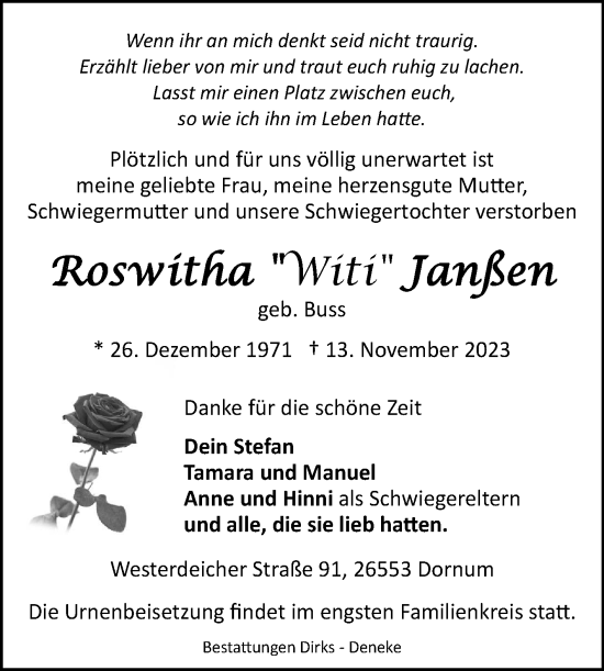 Traueranzeige von Roswitha Janßen von Ostfriesischer Kurier