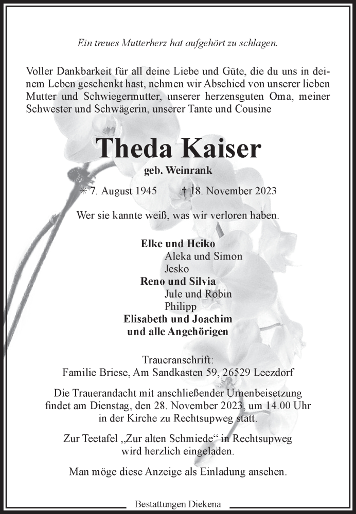  Traueranzeige für Theda Kaiser vom 21.11.2023 aus Ostfriesischer Kurier