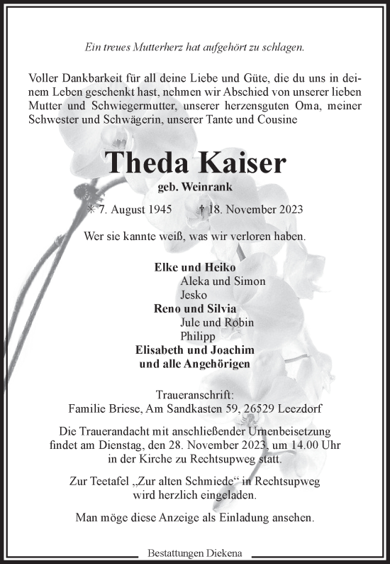 Traueranzeige von Theda Kaiser von Ostfriesischer Kurier