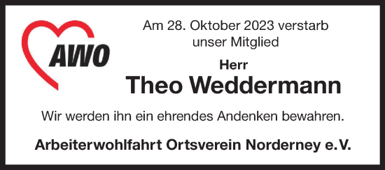 Traueranzeige von Theo Weddermann von Ostfriesischer Kurier