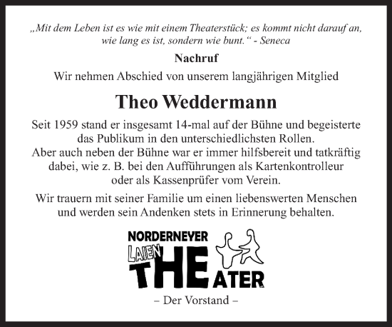 Traueranzeige von Theo Weddermann von Ostfriesischer Kurier