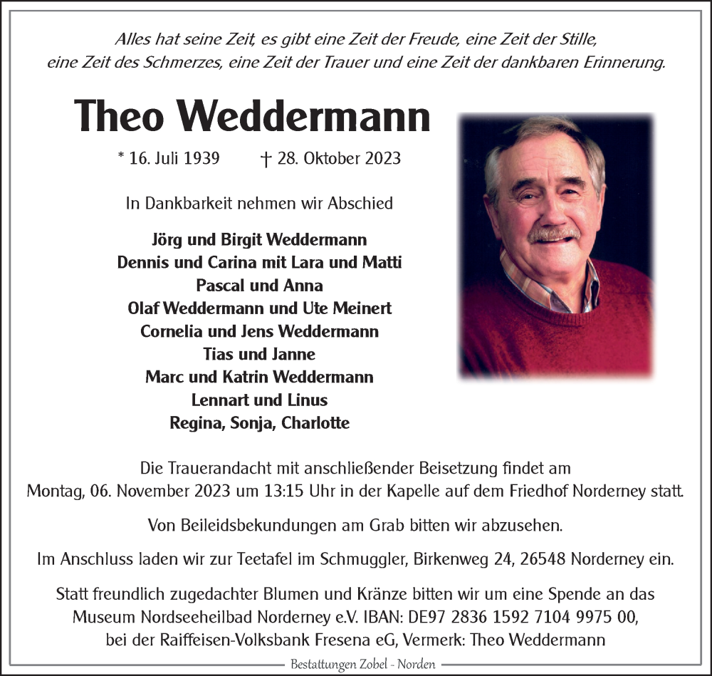  Traueranzeige für Theo Weddermann vom 01.11.2023 aus Ostfriesischer Kurier