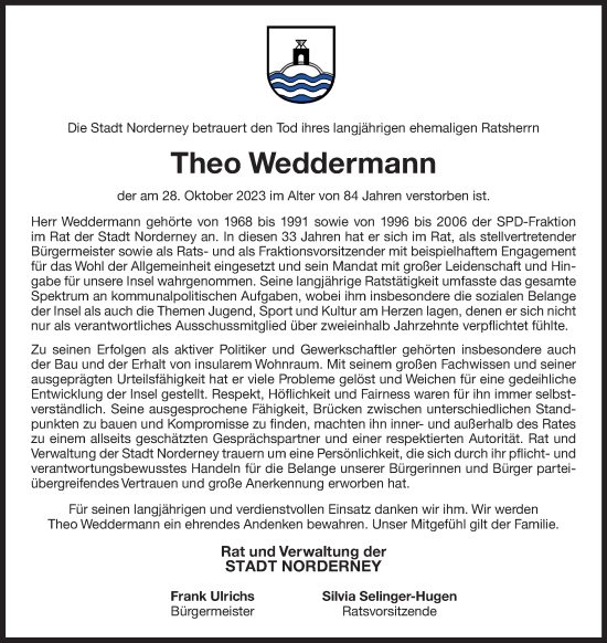 Traueranzeige von Theo Weddermann von Ostfriesischer Kurier