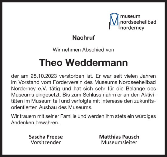 Traueranzeige von Theo Weddermann von Ostfriesischer Kurier