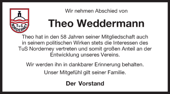 Traueranzeige von Theo Weddermann von Ostfriesischer Kurier