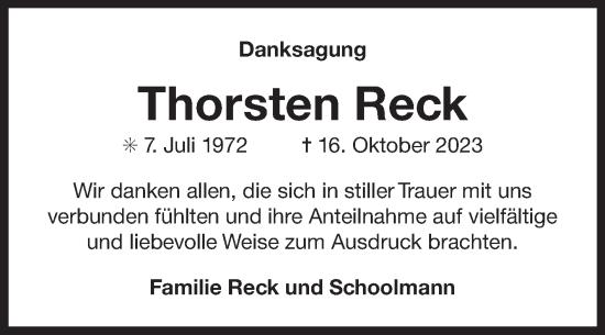 Traueranzeige von Thorsten Reck von Ostfriesischer Kurier