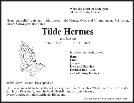 Traueranzeige von Tilde Hermes von Ostfriesischer Kurier