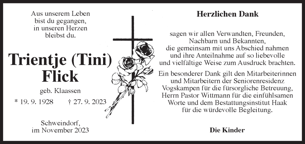  Traueranzeige für Trientje Flick vom 08.11.2023 aus Ostfriesischer Kurier