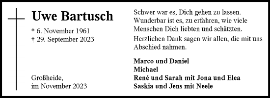 Traueranzeige von Uwe Bartusch von Ostfriesischer Kurier