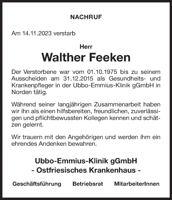 Traueranzeige von Walther Feeken von Ostfriesischer Kurier