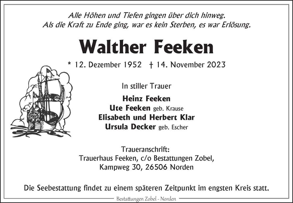  Traueranzeige für Walther Feeken vom 18.11.2023 aus Ostfriesischer Kurier