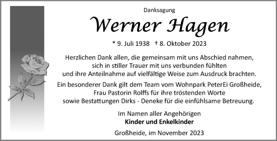 Traueranzeige von Werner Hagen von Ostfriesischer Kurier
