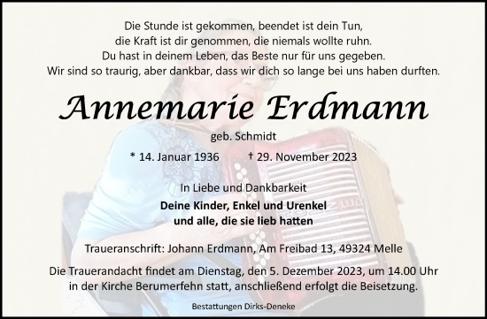 Traueranzeige von Annemarie Erdmann von Ostfriesischer Kurier