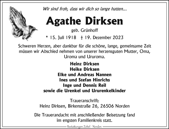 Traueranzeige von Agathe Dirksen von Ostfriesischer Kurier