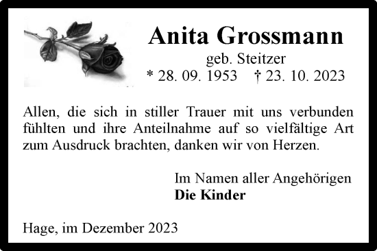Traueranzeige von Anita Grossmann von Ostfriesischer Kurier