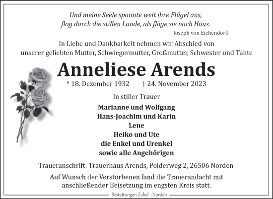 Traueranzeige von Anneliese Arends von Ostfriesischer Kurier