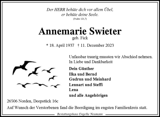 Traueranzeige von Annemarie Swieter von Ostfriesischer Kurier