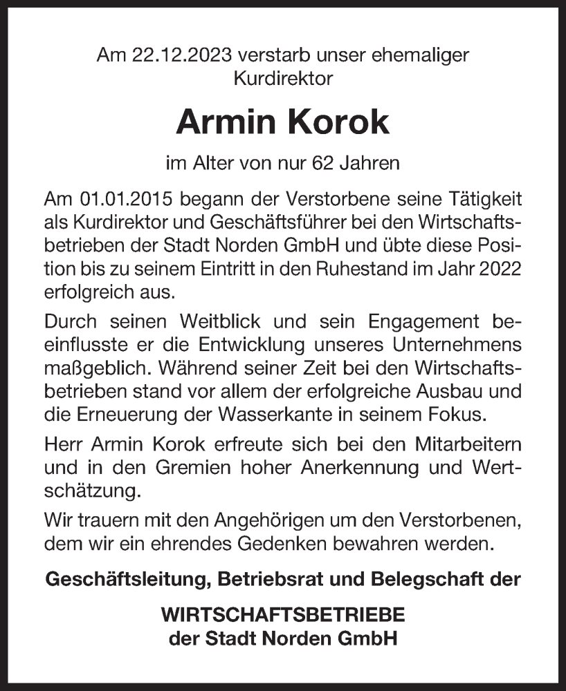  Traueranzeige für Armin Korok vom 30.12.2023 aus Ostfriesischer Kurier