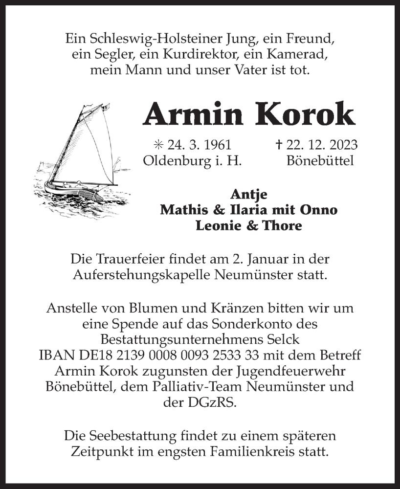  Traueranzeige für Armin Korok vom 28.12.2023 aus Ostfriesischer Kurier