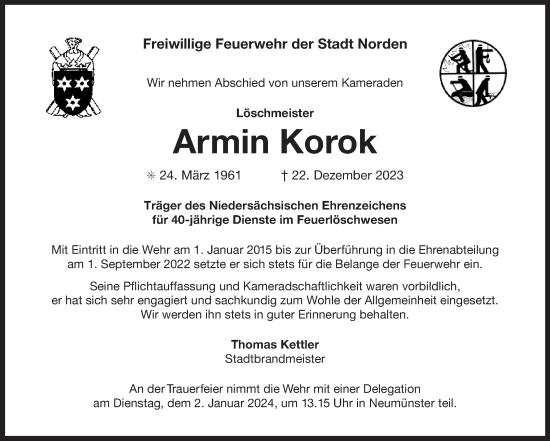 Traueranzeige von Armin Korok von Ostfriesischer Kurier