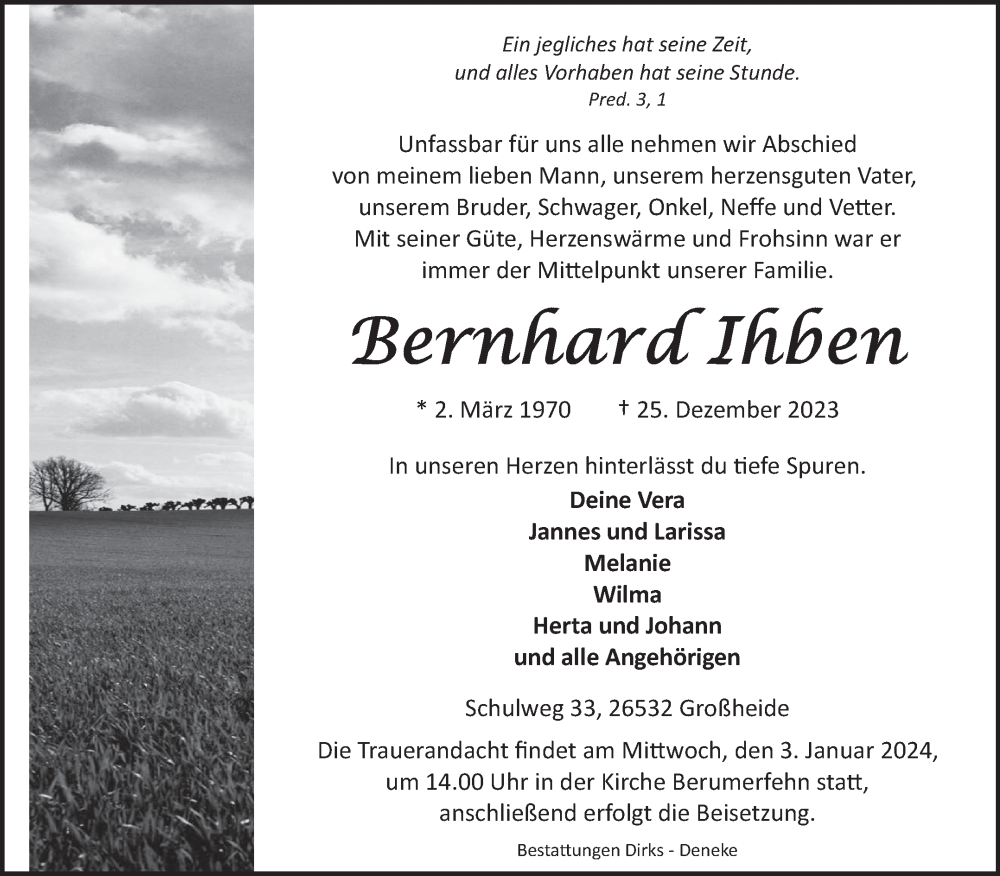  Traueranzeige für Bernhard Ihben vom 30.12.2023 aus Ostfriesischer Kurier