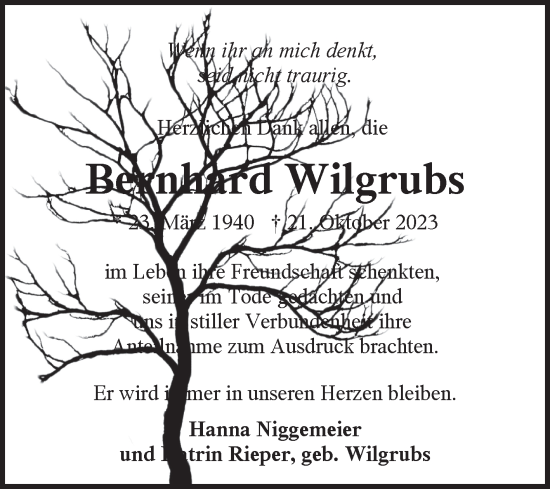 Traueranzeige von Bernhard Wilgrubs von Ostfriesischer Kurier