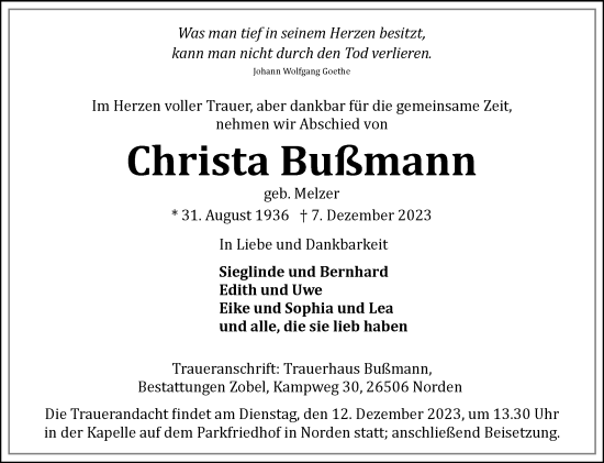 Traueranzeige von Christa Bußmann von Ostfriesischer Kurier