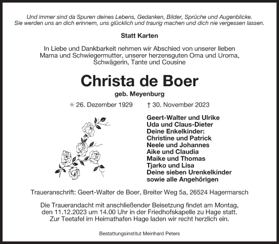 Traueranzeige von Christa de Boer von Ostfriesischer Kurier