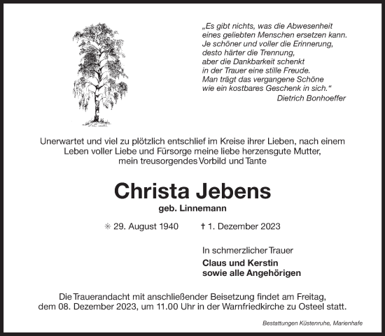 Traueranzeige von Christa Jebens von Ostfriesischer Kurier