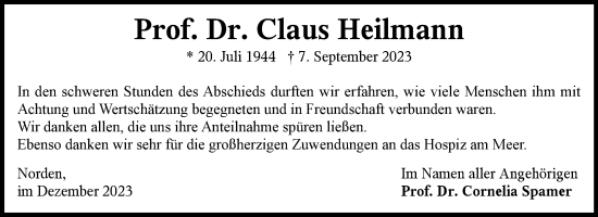 Traueranzeige von Claus Heilmann von Ostfriesischer Kurier