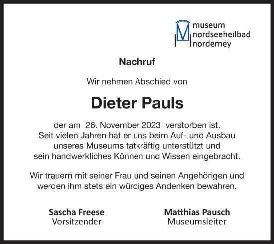 Traueranzeige von Dieter Pauls von Ostfriesischer Kurier