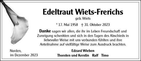 Traueranzeige von Edeltraut Wiets-Frerichs von Ostfriesischer Kurier