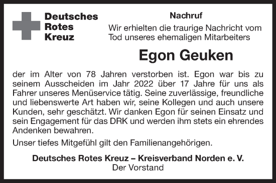 Traueranzeige von Egon Geuken von Ostfriesischer Kurier