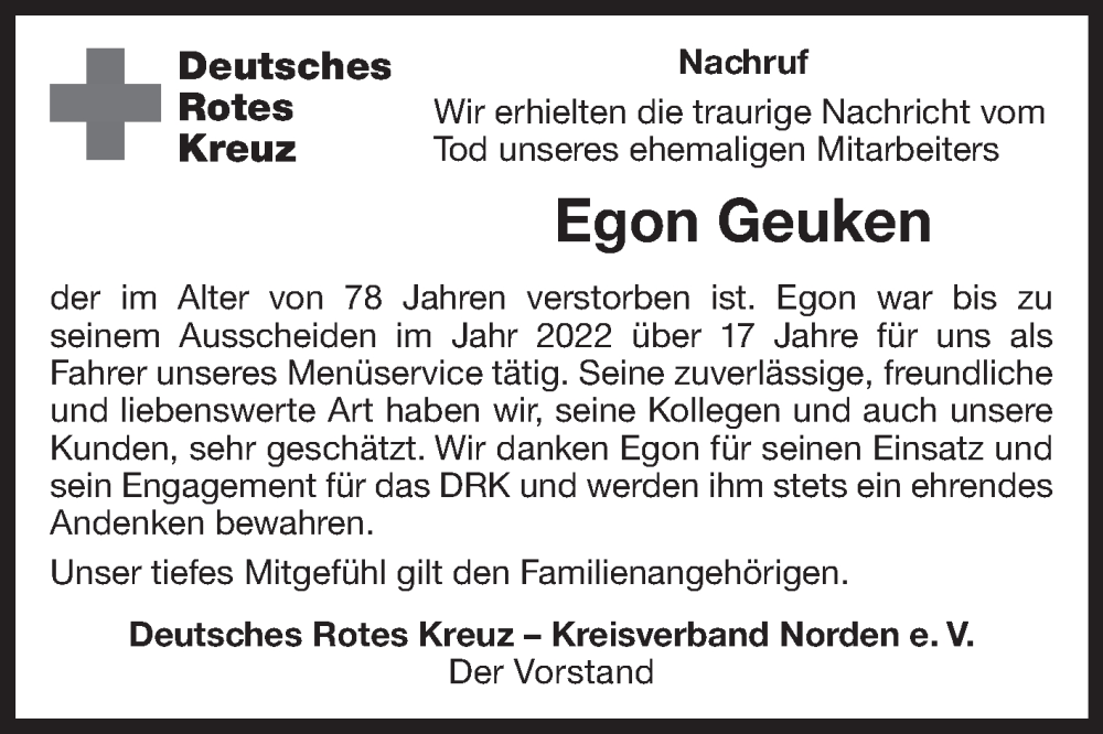  Traueranzeige für Egon Geuken vom 21.12.2023 aus Ostfriesischer Kurier