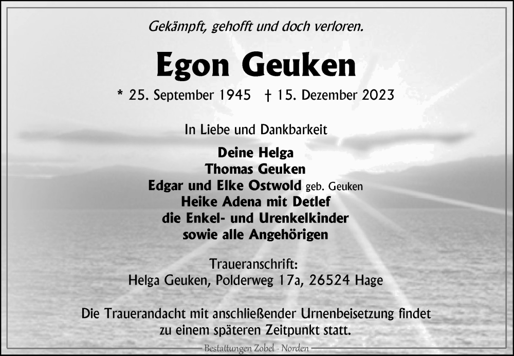  Traueranzeige für Egon Geuken vom 16.12.2023 aus Ostfriesischer Kurier